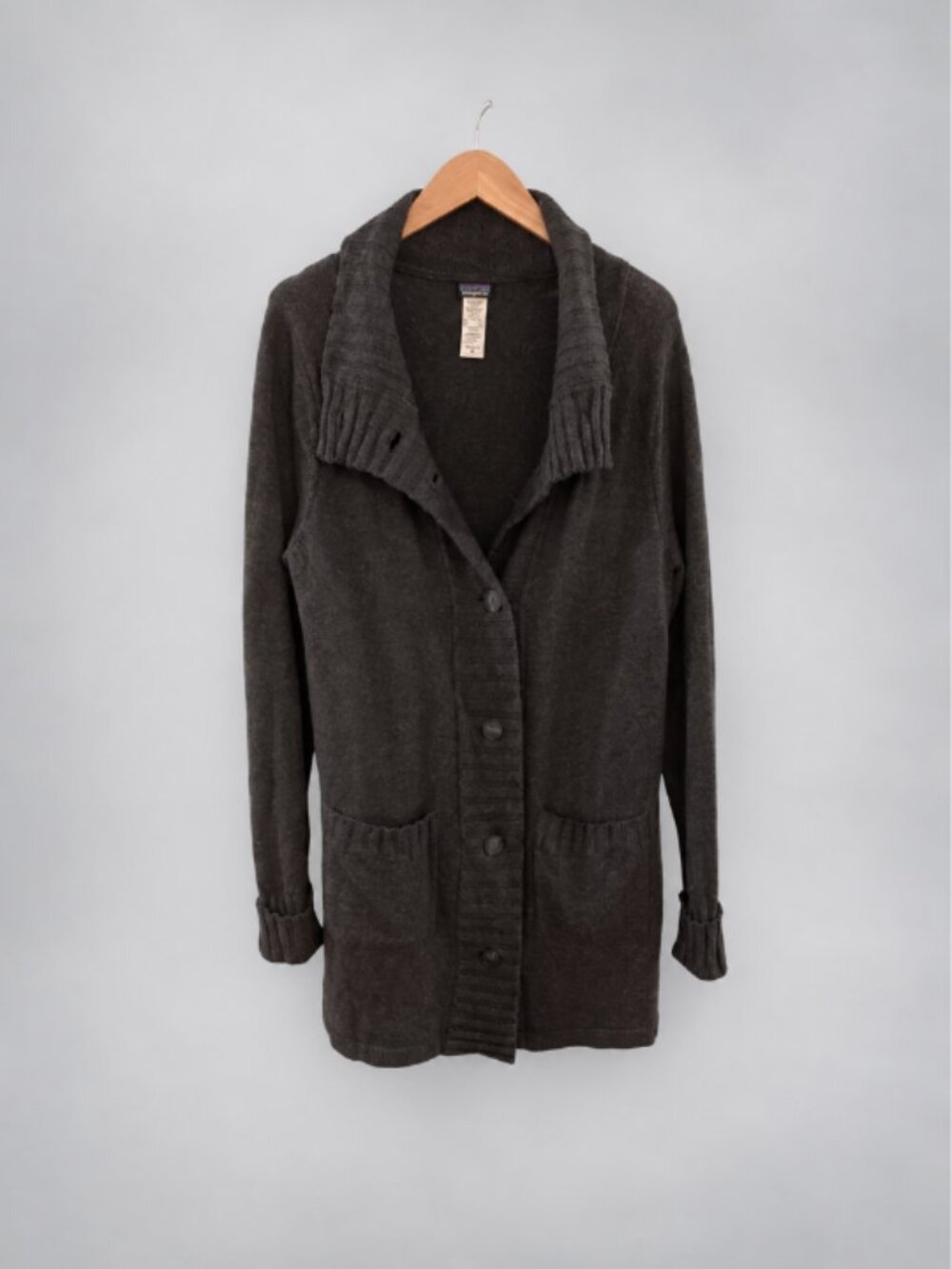 Patagonia Lambswool Sweater Coat Cardigan Gray Size L Long Button Front